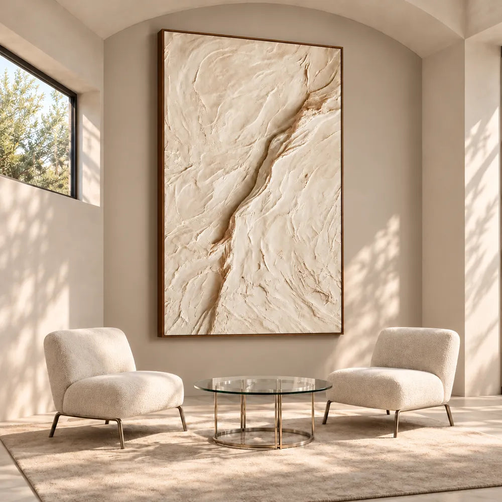 Cream Hand-Painted 3D Textured Oil Painting, Diagonal Relief Wall Art #WBT7SPNO