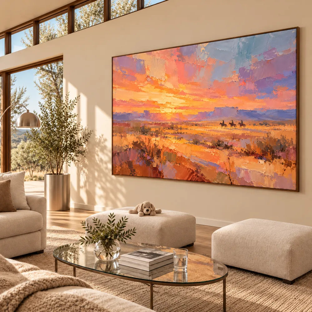 Orange & Lavender Hand-Painted Oil Painting, Three Riders in a Desert Sunset #22PVXDQ6