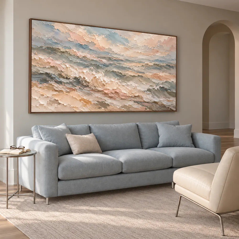 Cream and Blue Gray Hand-Painted Oil Painting, Rolling Coastal Waves #B4FLTKB2