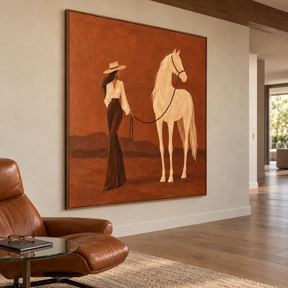 Rust Hand-Painted Oil Painting, Woman and White Horse in a Desert Landscape #O1EDDVZ6