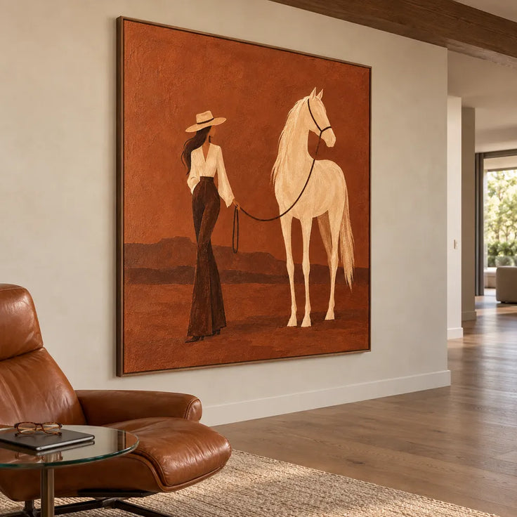 Rust Hand-Painted Oil Painting, Woman and White Horse in a Desert Landscape #O1EDDVZ6