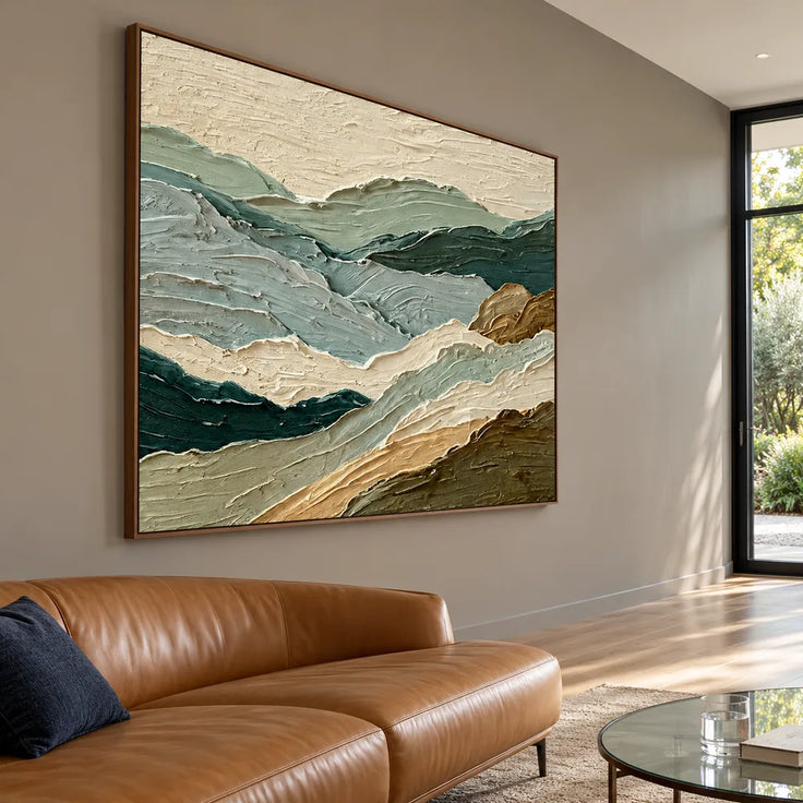 Sage Green Hand-Painted Oil Painting, Layered Mountain Landscape #PWVHIXYY