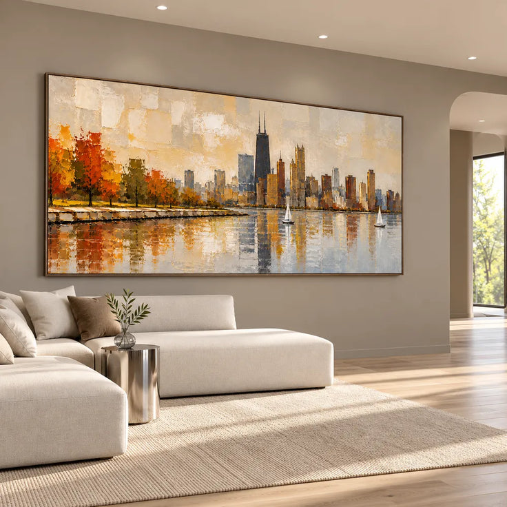 Beige Gold Hand-Painted Oil Painting, Autumn Waterfront Wall Art #CW3XQNK2