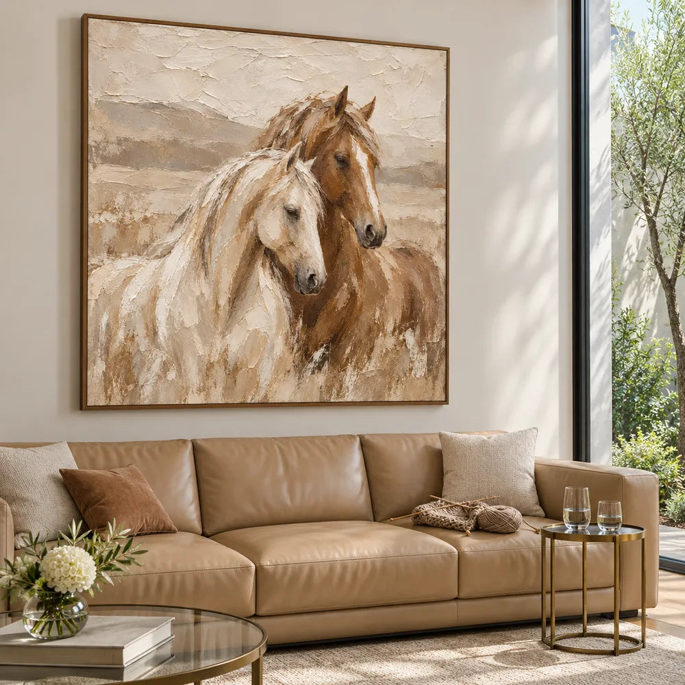 Cream & Brown Hand-Painted Oil Painting, White and Chestnut Horse Portrait #R4TZLUV7