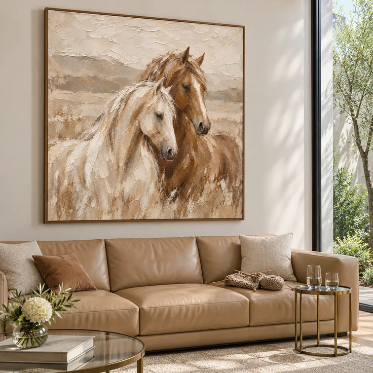 Cream & Brown Hand-Painted Oil Painting, White and Chestnut Horse Portrait #R4TZLUV7