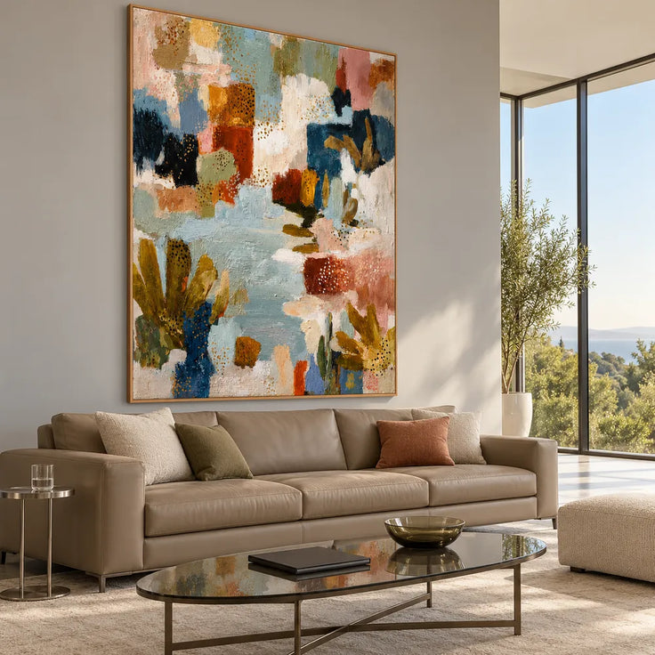 Muted Blue and Warm Neutrals Hand-Painted Oil Painting, Expressive Abstract Color Blocks #Q6Z31DUZ