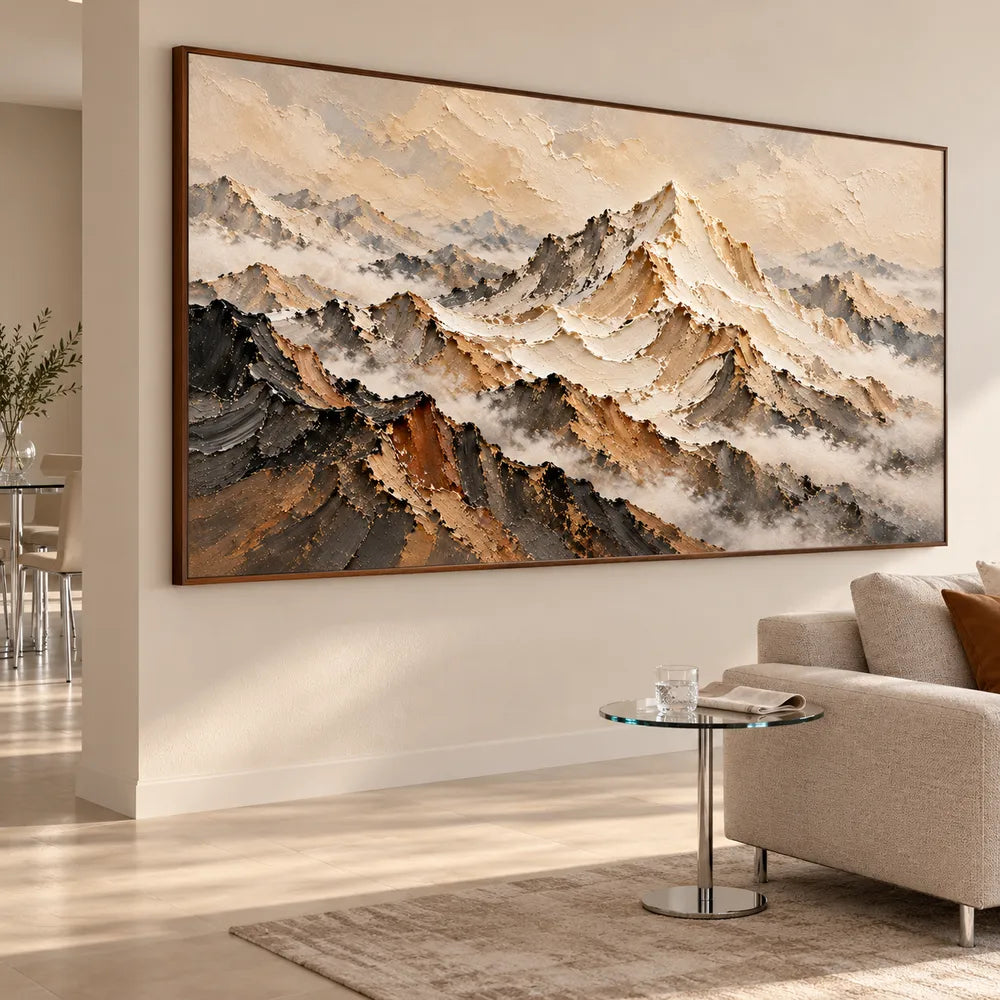 Beige and Charcoal Hand-Painted 3D Textured Oil Painting, Mountain Ridges in Mist #QUDVWPH3