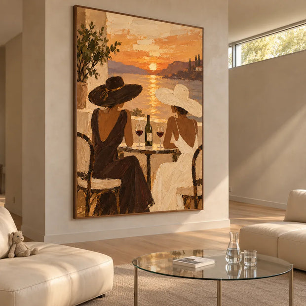 Earth-Tone Hand-Painted Oil Painting, Two Women Sharing Wine by a Sunset Bay #ZMIDYNFF
