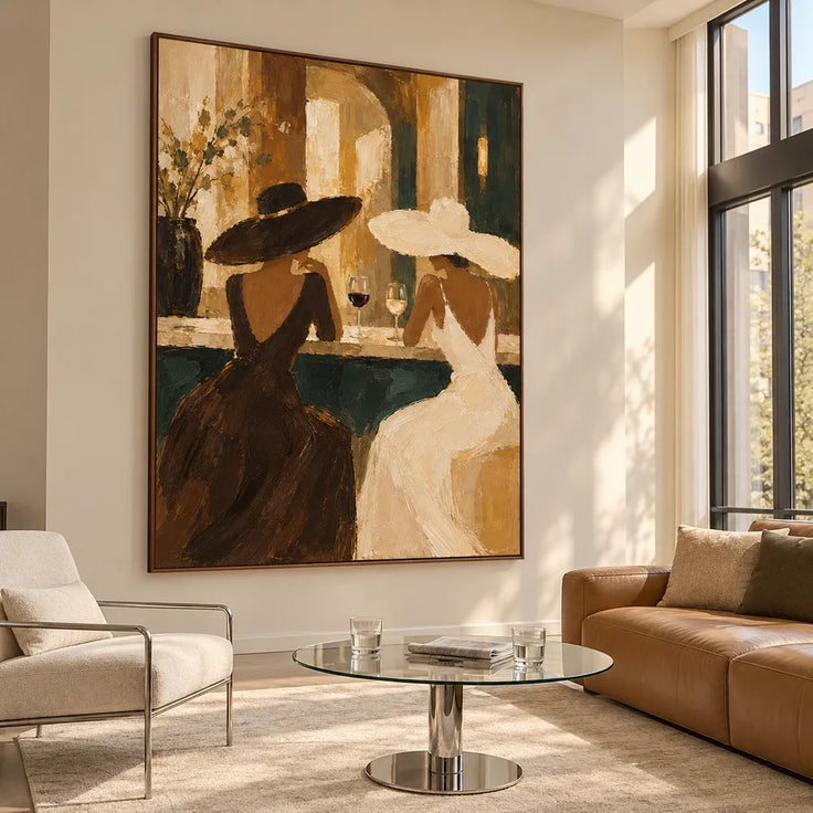 Earth-Tone Hand-Painted Oil Painting, Two Women in Wide-Brim Hats at a Bar #V8ML4SGZ