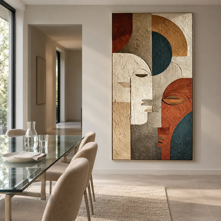 Earth-Tone Hand-Painted 3D Textured Oil Painting, Geometric Faces #PDTZGB6G