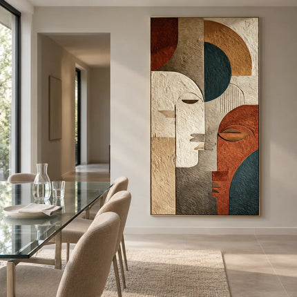 Earth-Tone Hand-Painted 3D Textured Oil Painting, Geometric Faces #PDTZGB6G