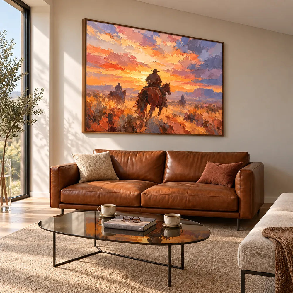 Orange Hand-Painted Oil Painting, Western Riders beneath a Sunset Sky #3T3ZPOIY