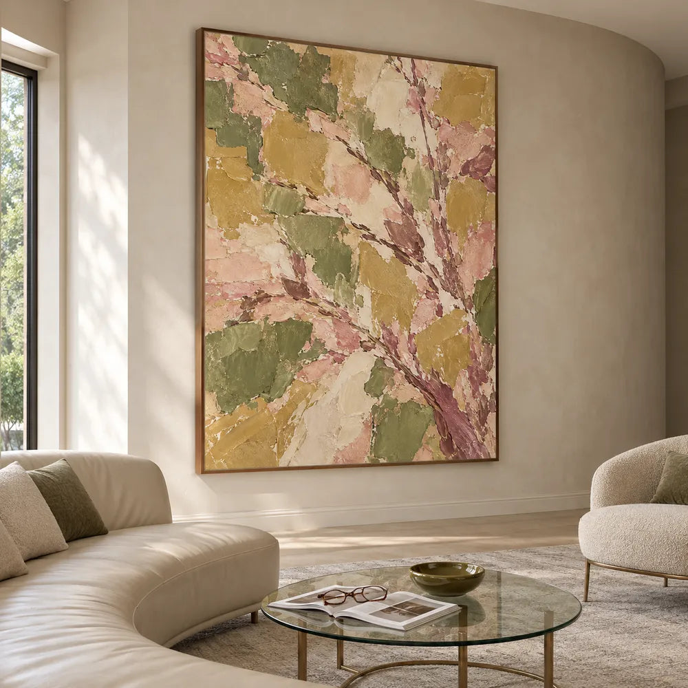 Olive and Blush Hand-Painted Oil Painting, Sweeping Botanical Branches #8PND22D9