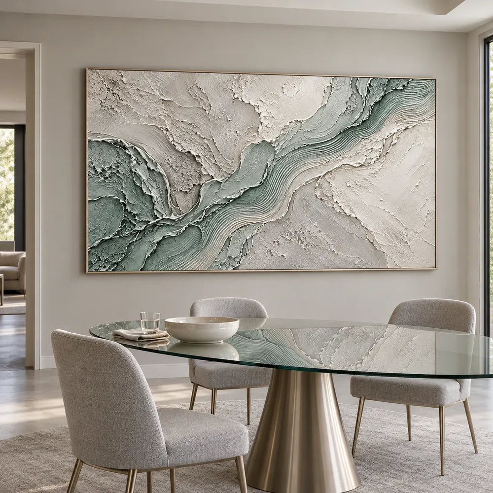 Sage and White Hand-Painted 3D Textured Oil Painting, Flowing Ridges #4SLLXKNH