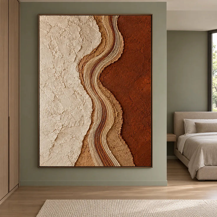 Cream & Terracotta Hand-Painted 3D Textured Oil Painting, Wavy Abstract Band #E5HLHQUE
