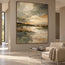 Olive Gray Hand-Painted Oil Painting, Abstract Shoreline and Pale Reflection #W805EAVM