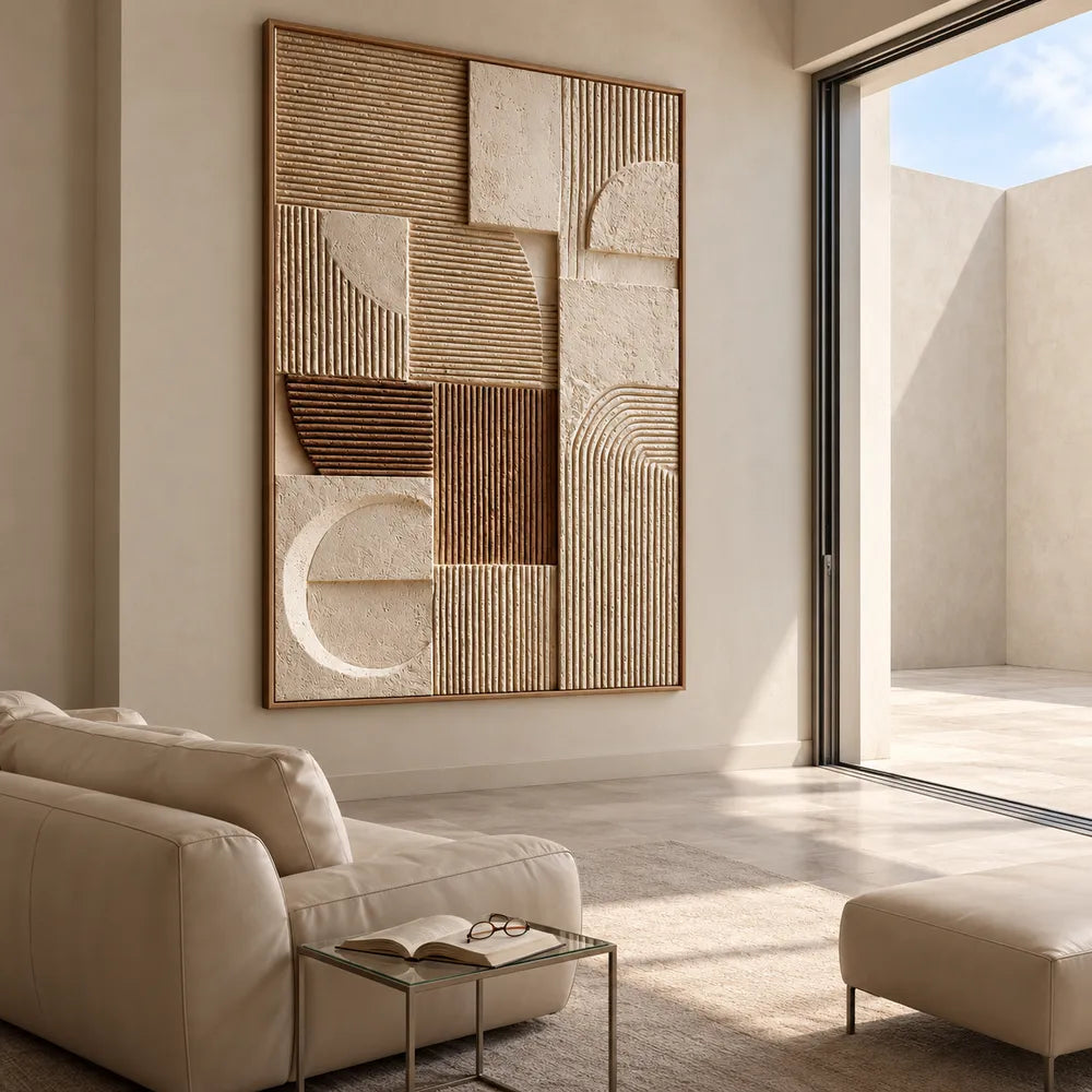Beige and Brown Hand-Painted 3D Textured Oil Painting, Geometric Groove Abstract #VCDV5N13