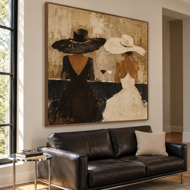 Beige Black Hand-Painted Oil Painting, Two Women in Black and Ivory Dresses #RDT3ONMB