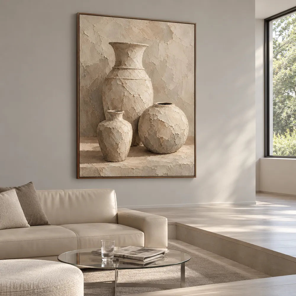 Cream Hand-Painted Oil Painting, Three Vessels on a Pale Ledge #SP4VXF23