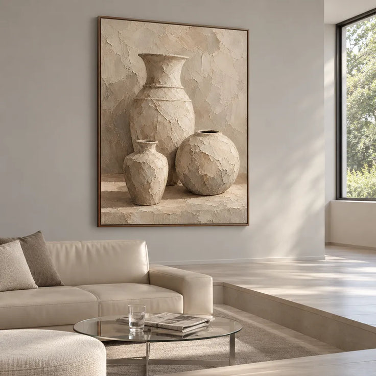 Cream Hand-Painted Oil Painting, Three Vessels on a Pale Ledge #SP4VXF23