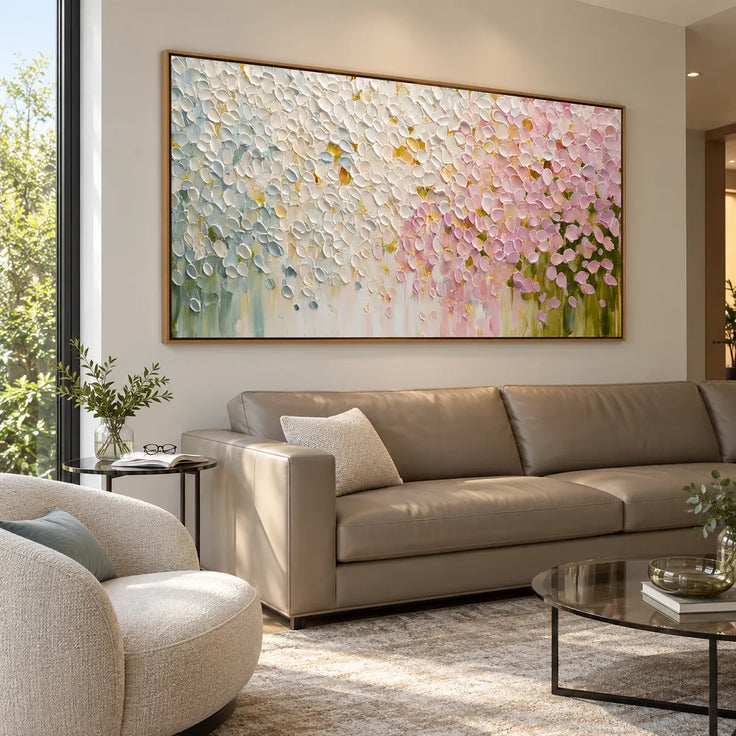 Cream and Pink Hand-Painted Oil Painting, Cascading Floral Petals #AN8LZER5