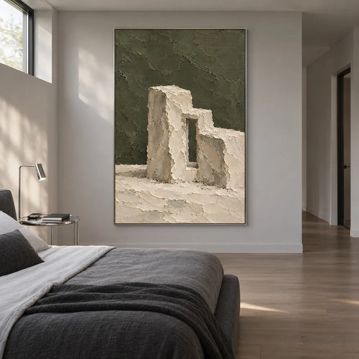 Olive Green Hand-Painted Painting, Cream Stepped Architecture #0MCLXG8H