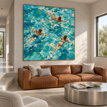 Turquoise Hand-Painted Oil Painting, Three Swimmers Viewed from Above #NL63J63Q