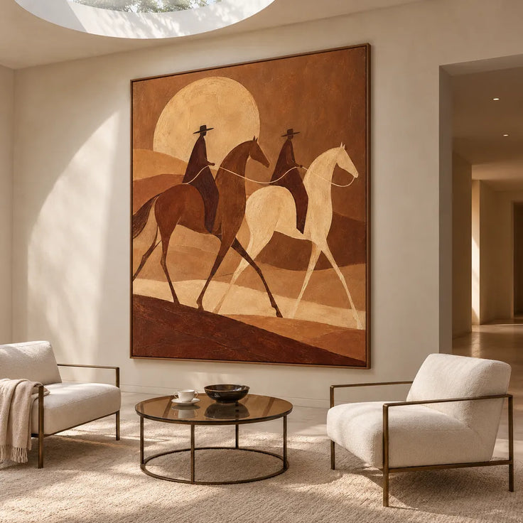 Brown Hand-Painted Oil Painting, Two Riders Beneath a Golden Sun #M7HL0PQE