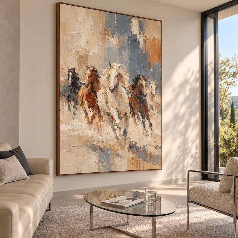 Cream and Slate Blue Hand-Painted Oil Painting, Five Running Horses #63S5E3ZM