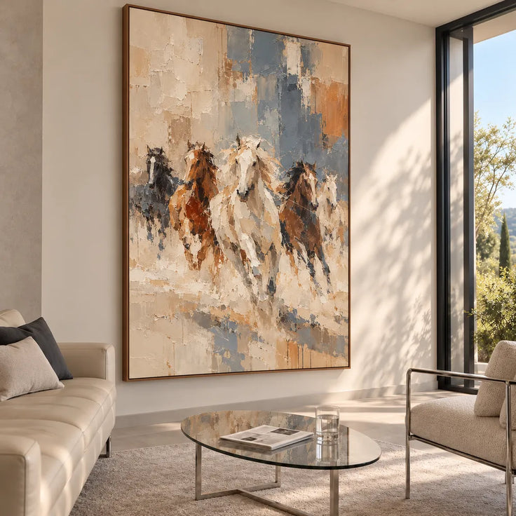Cream and Slate Blue Hand-Painted Oil Painting, Five Running Horses #63S5E3ZM