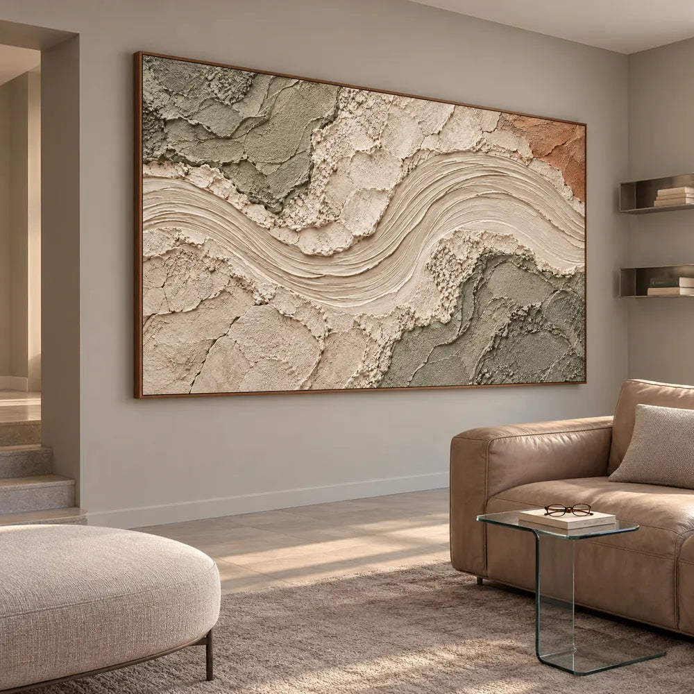 Beige & Sage Hand-Painted 3D Textured Oil Painting, Curved Ribbon Abstract Wall Art #6BLZCD7P