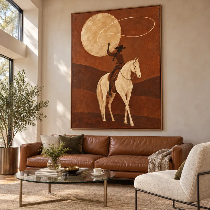 Brown Hand-Painted Oil Painting, Lasso Rider on a Cream Horse #6FDNCBOV
