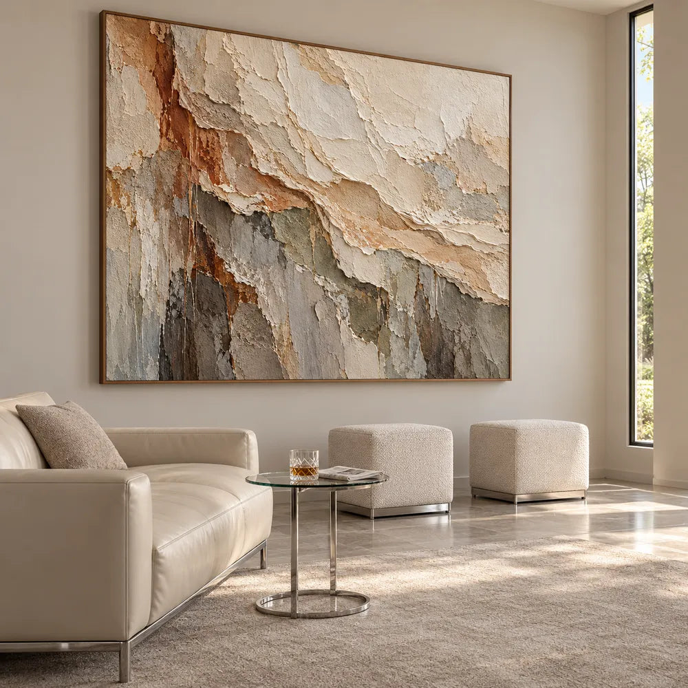 Cream and Gray Hand-Painted 3D Textured Oil Painting, Diagonal Abstract Escarpment #46H337UB