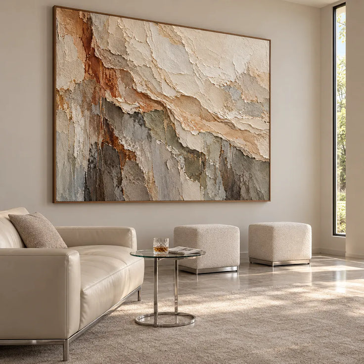 Cream and Gray Hand-Painted 3D Textured Oil Painting, Diagonal Abstract Escarpment #46H337UB
