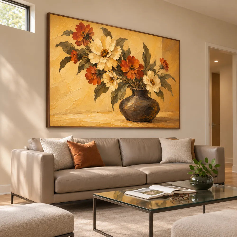 Yellow Hand-Painted Oil Painting, Cream and Orange Floral Bouquet #8FD36JJN
