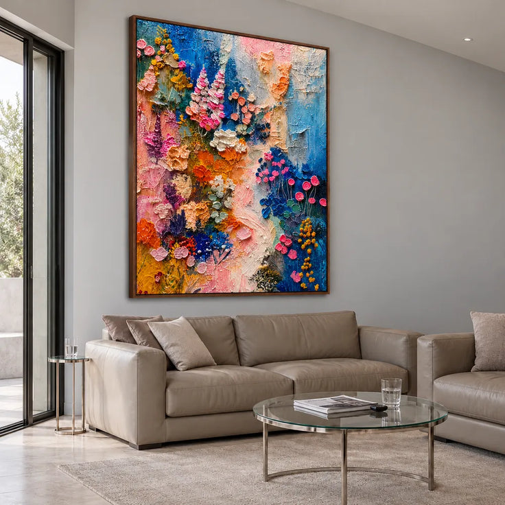 Blue and Pink Hand-Painted Oil Painting, Expressive Floral Abstract #SPCZIUW7