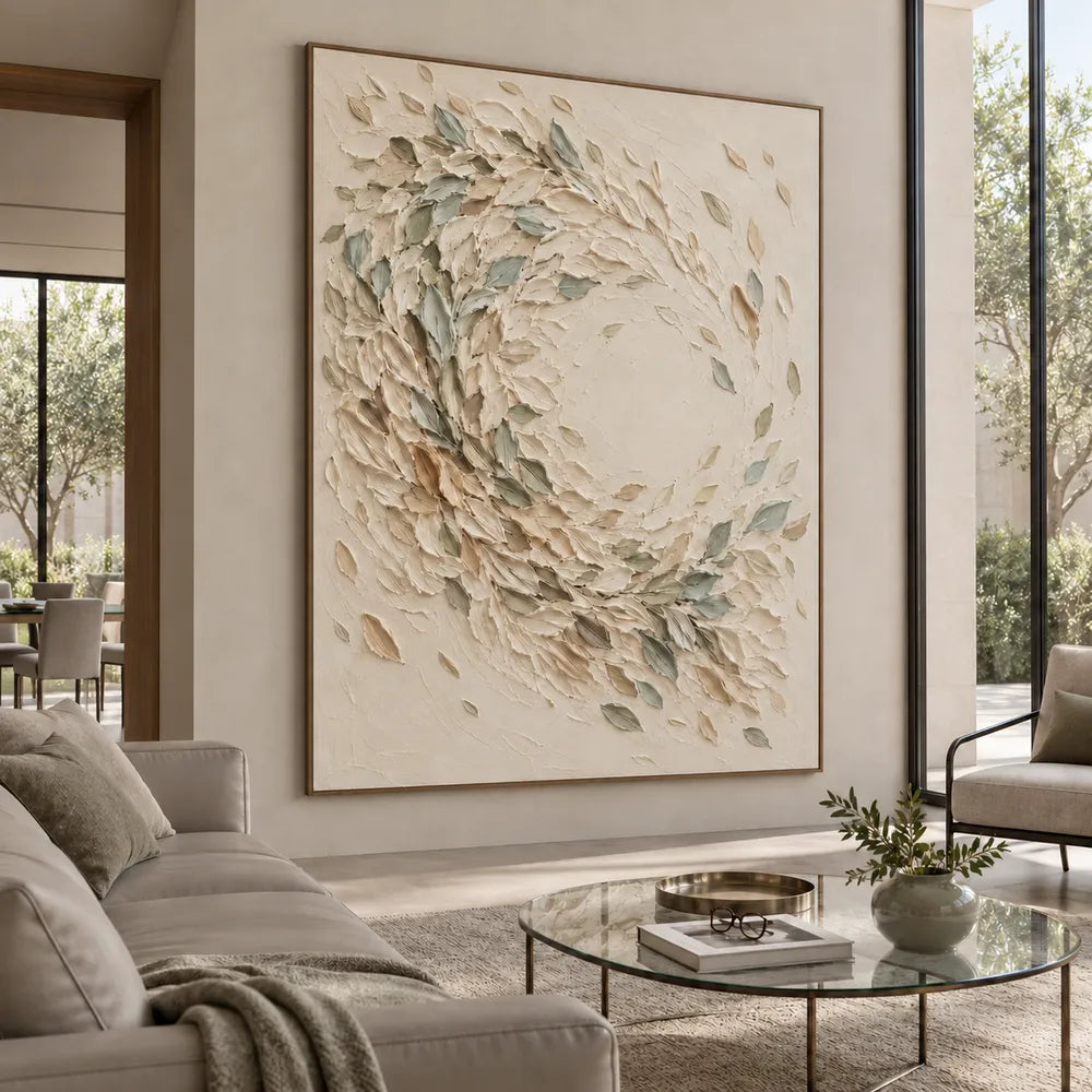 Cream Hand-Painted 3D Textured Oil Painting, Sage Leaf Swirl Wall Art #2JPRKE6N
