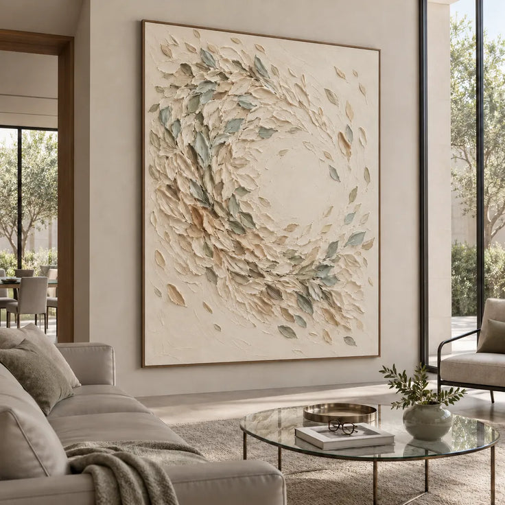 Cream Hand-Painted 3D Textured Oil Painting, Sage Leaf Swirl Wall Art #2JPRKE6N