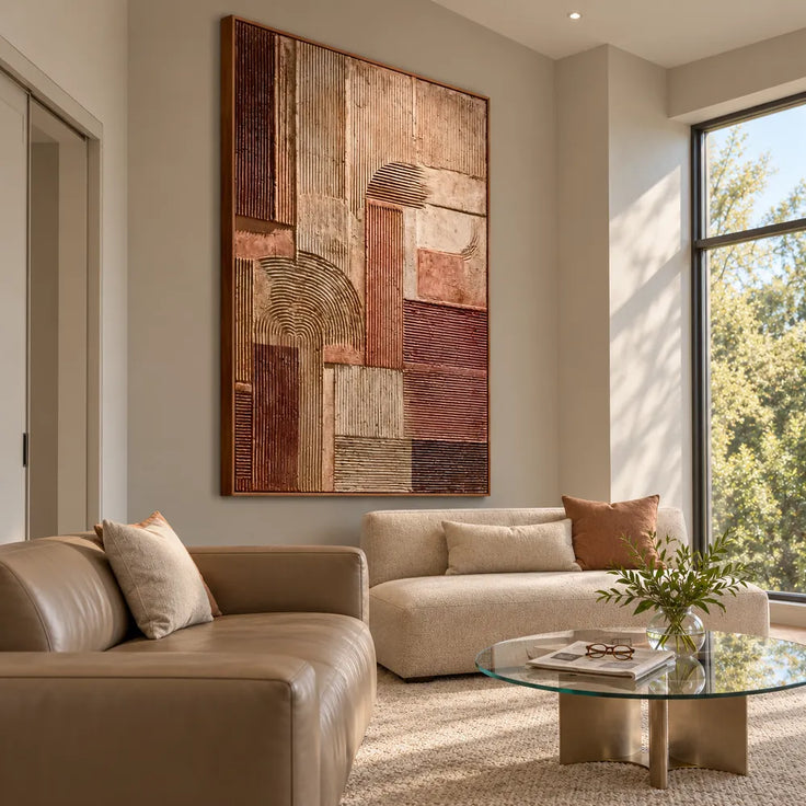 Brown and Beige Hand-Painted Oil Painting, Geometric Arches and Linear Blocks #SOT3Y088