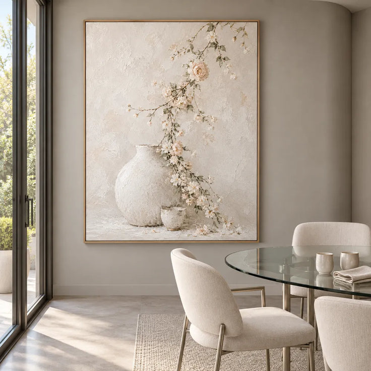 Ivory Hand-Painted Oil Painting, Trailing Blossoms and Pale Vessels #5LFVTUHO