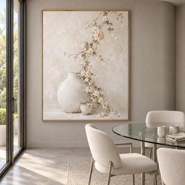 Ivory Hand-Painted Oil Painting, Trailing Blossoms and Pale Vessels #5LFVTUHO
