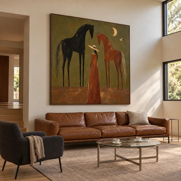 Olive & Rust Hand-Painted Oil Painting, Woman and Horses with Crescent Moon #HO11S3B9