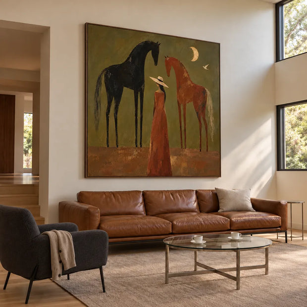 Olive & Rust Hand-Painted Oil Painting, Woman and Horses with Crescent Moon #HO11S3B9