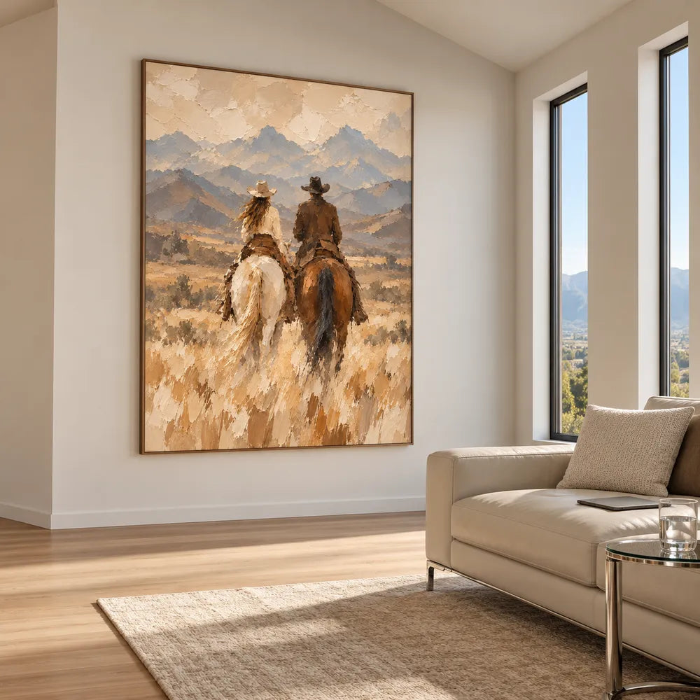 Sand and Blue Gray Hand-Painted Oil Painting, Riders Facing the Mountains #3TULKAQH