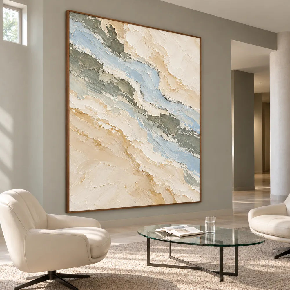 Beige Hand-Painted Oil Painting, Blue-Gray Bands in a Vertical Abstract #4AQDKY69