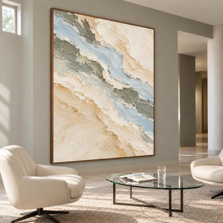 Beige Hand-Painted Oil Painting, Blue-Gray Bands in a Vertical Abstract #4AQDKY69