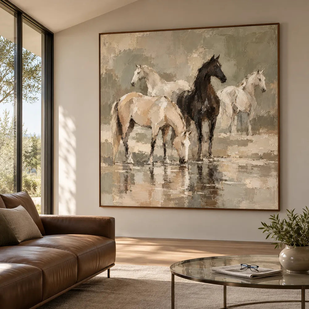 Hand-Painted Oil Painting, Four Horses at the Water in Soft Earth Tones #VUCHU1Y7