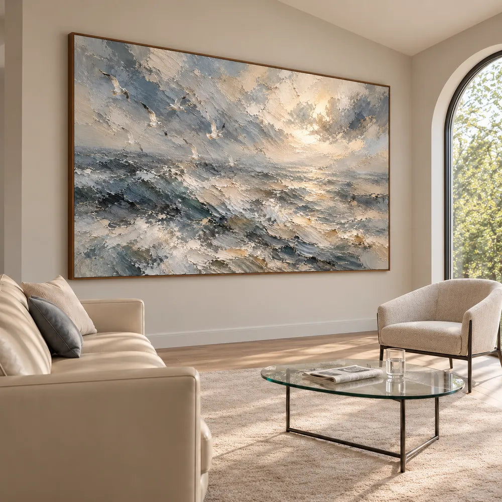 Blue-Gray Hand-Painted Oil Painting, Breaking Waves and Open Sky #KJ75TCEM