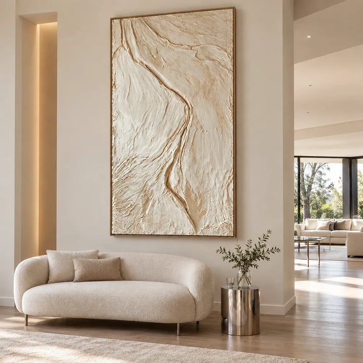 Ivory Hand-Painted 3D Textured Oil Painting, Winding Channel Wall Art #FFC33IEH