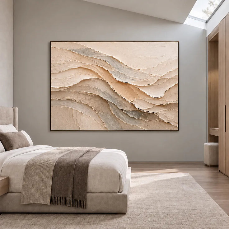 Cream & Beige Hand-Painted 3D Textured Oil Painting, Flowing Neutral Abstract Wall Art #75VVTF8C